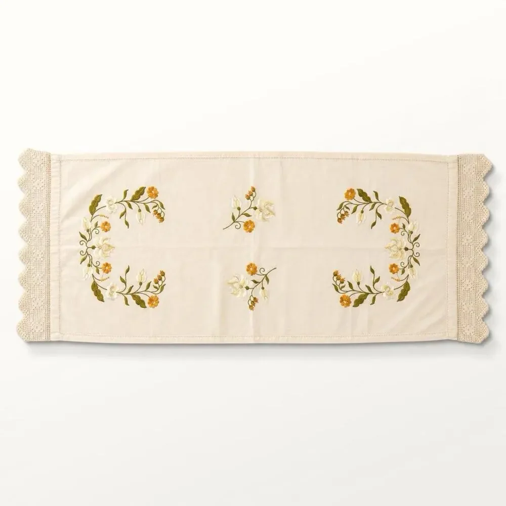 Vintage Ivory Floral Embroidered Table Runner Hand knit Cottagecore Farmhouse